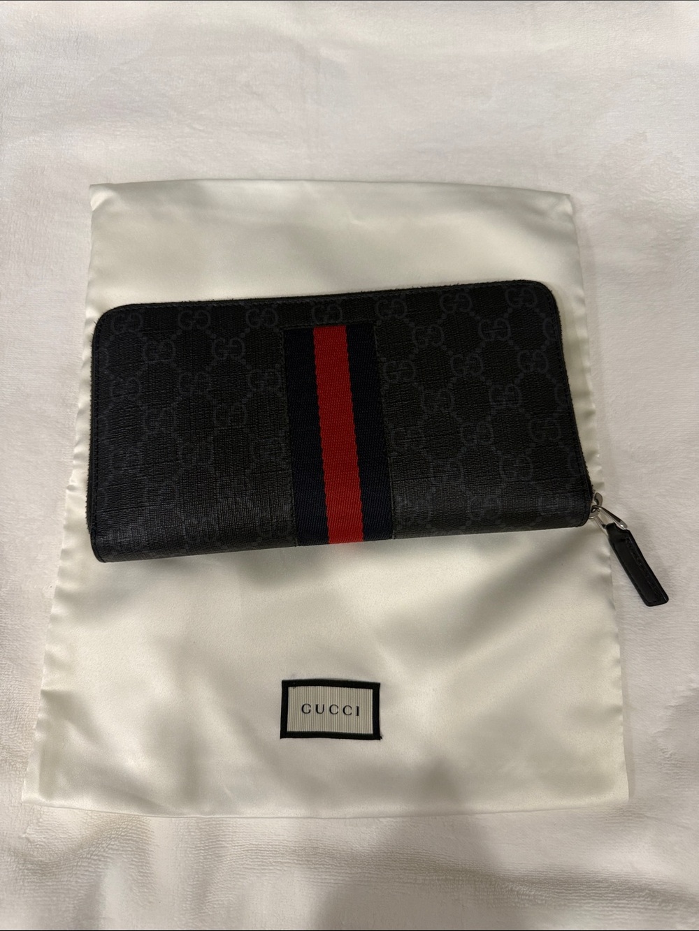 Authentic Gucci GG Supreme Monogram Web Zip Around Wallet – Like New